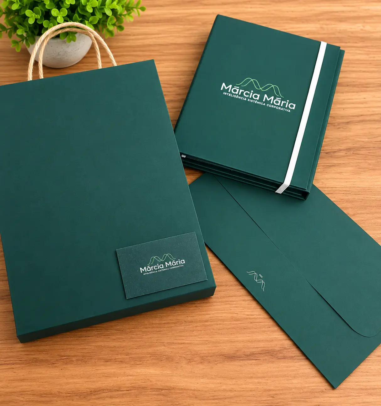 Kit personalizado em verde com a identidade da marca: caixa, sacola, caderno com elástico, cartão e envelope com logo