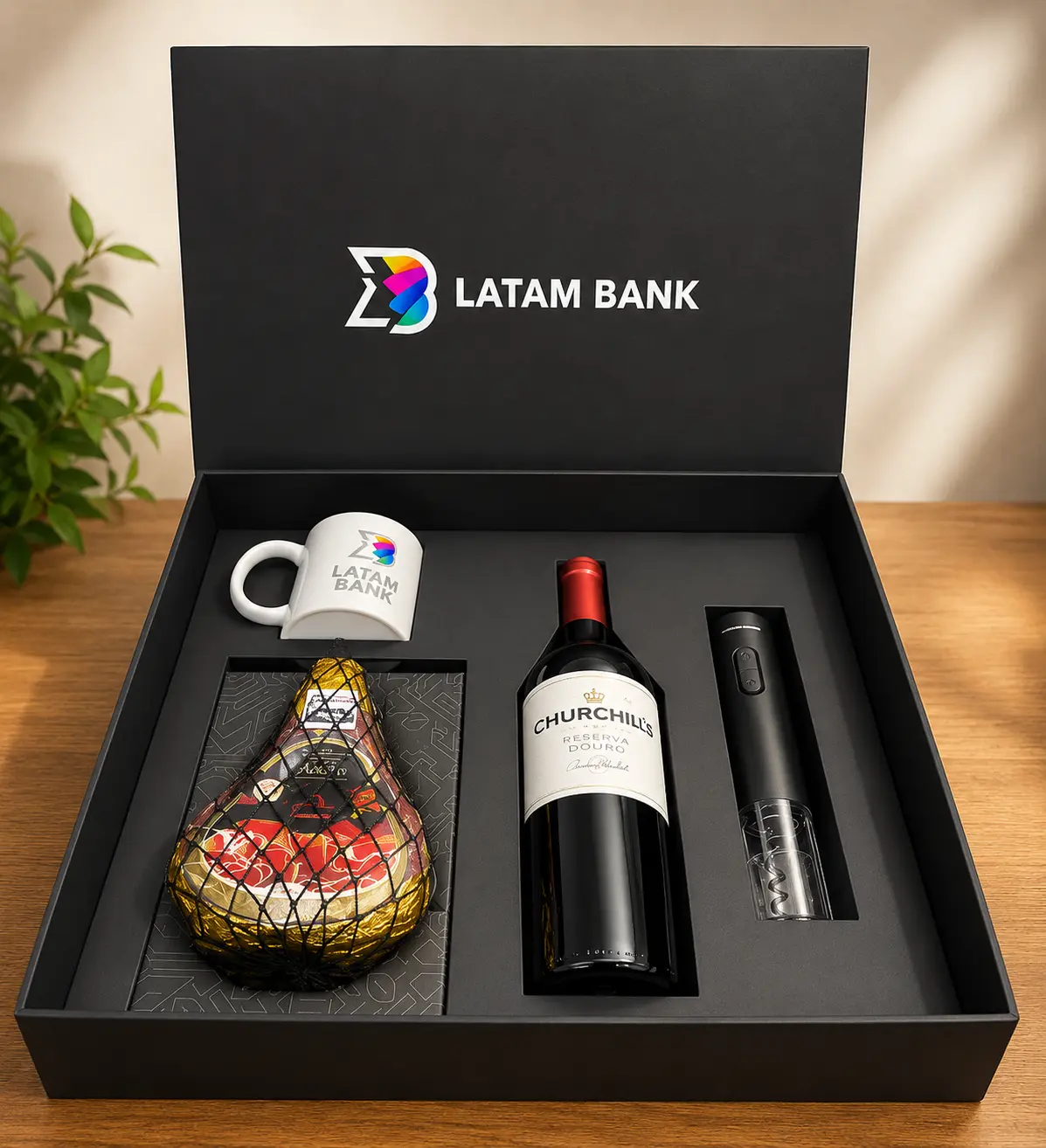 Caixa preta personalizada com logo na tampa e berço com caneca, vinho, abridor e embutido