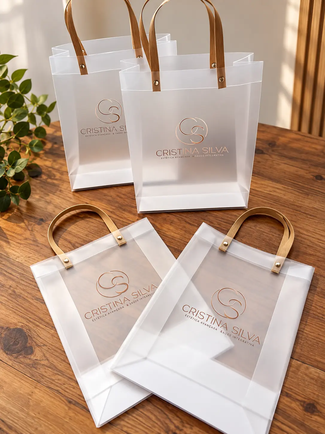 Sacolas translúcidas com alças e a logo da marca aplicada em rosé